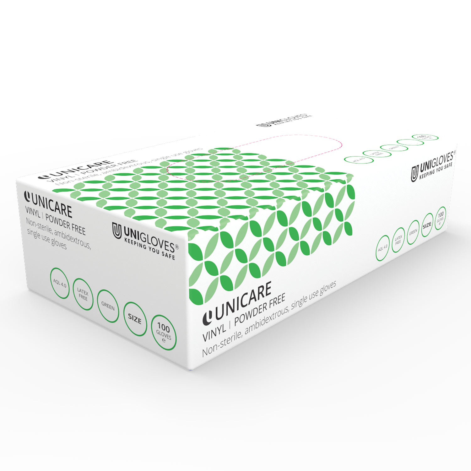 Зелена винилова кутия за прегледни ръкавици Unicare от 100 бр